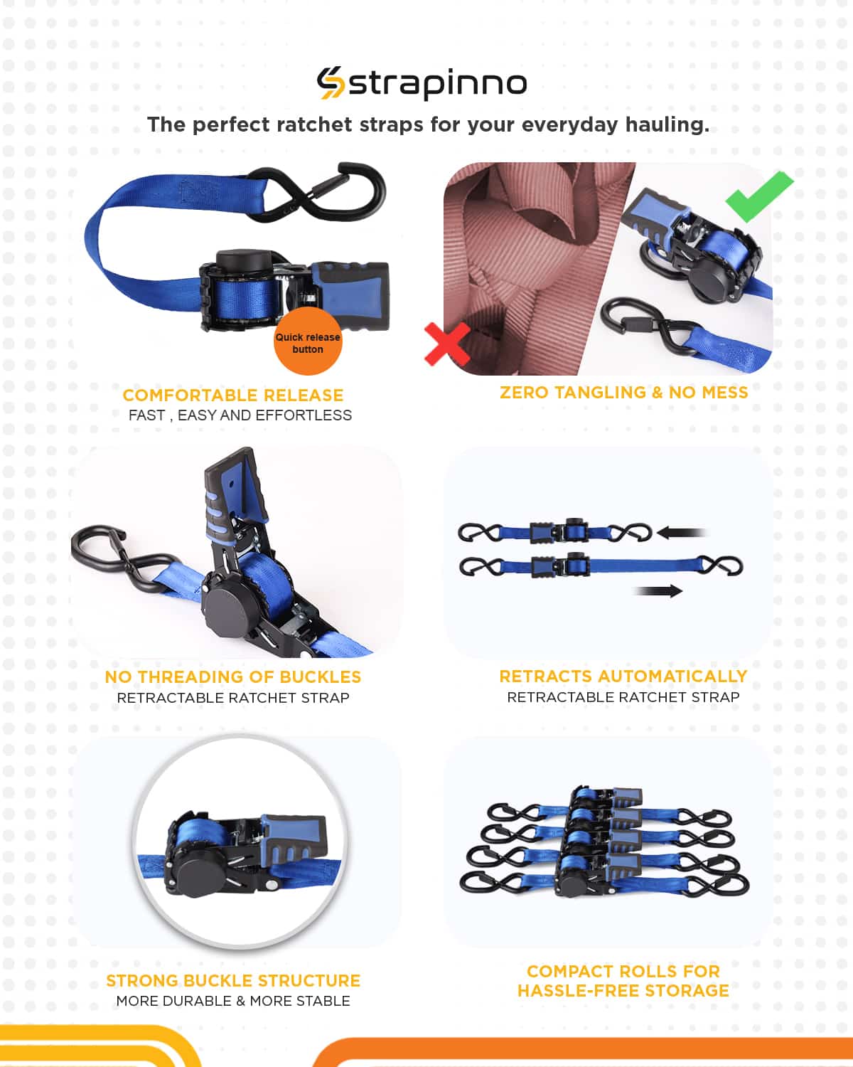 1 in x 6 ft Blue Retractable Ratchet Straps Strapinno