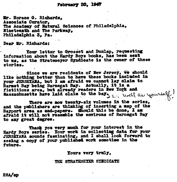 1947 letter from the Stratemeyer Syndicate about the location of Bayport.