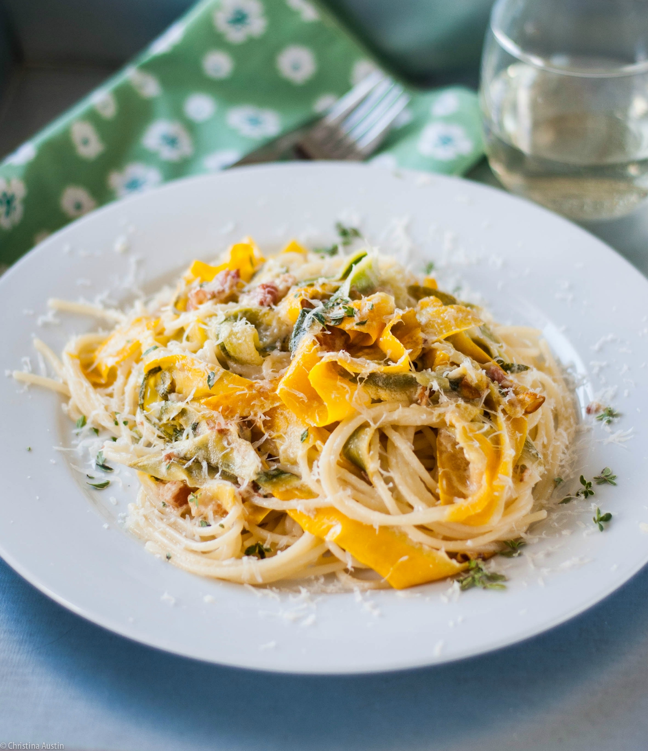 Zucchini and Summer Squash Ribbons on Pasta with Creamy Goat Cheese