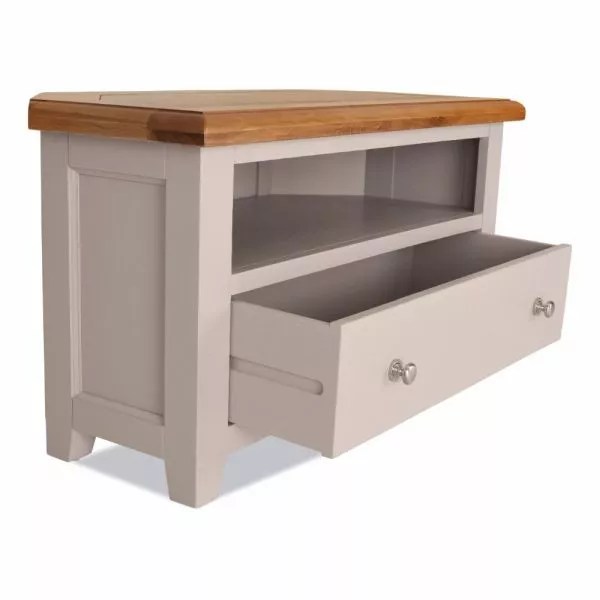 STYLISH SILENT GREY CORNER TV WITH CHROME KNOBS ENHANCE YOUR