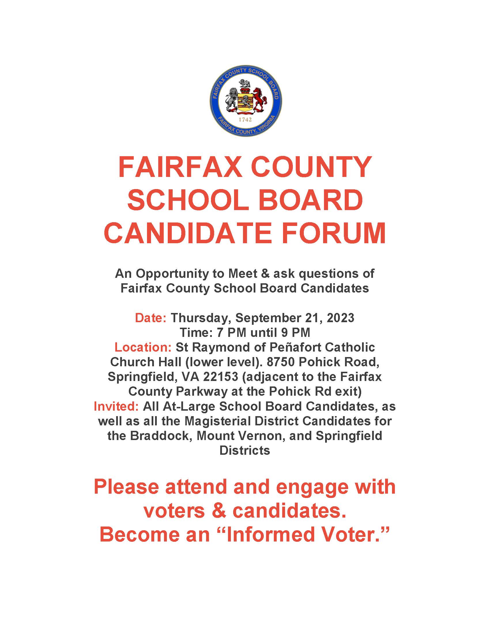 Candidate Forum Fairfax County School Board Saint Raymond of Penafort