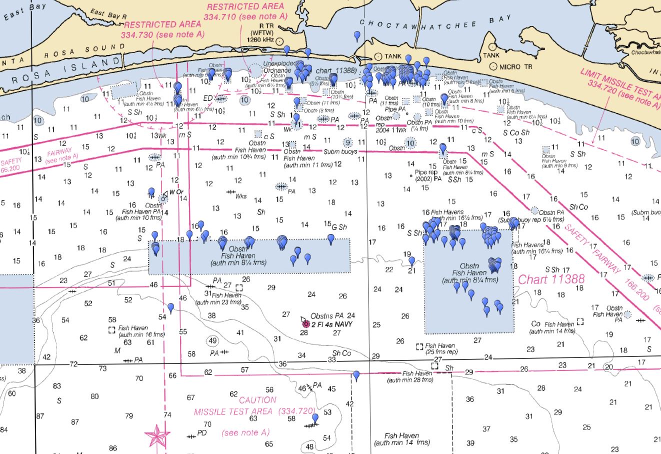 Artificial Reef Map Florida Destin, FL Okaloosa County Artificial Reefs StrikeLines Fishing Charts