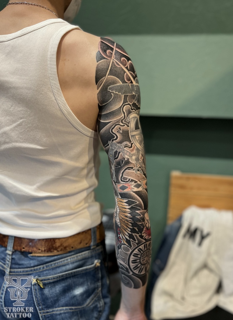 お客さんのこだわりフルスリーブ。 STROKER TATTOO