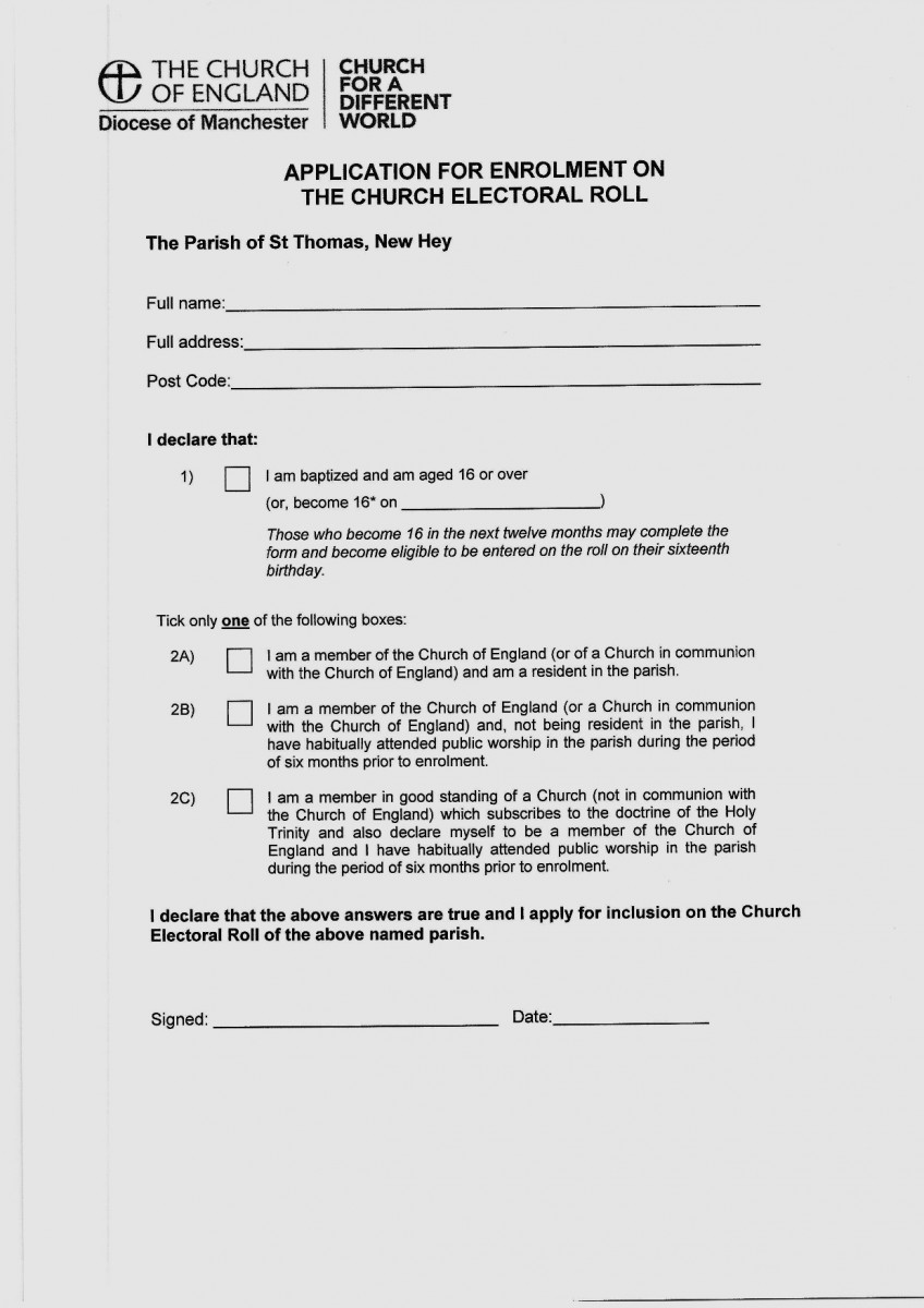 ST THOMAS CHURCH NEWHEY ROCHDALE ELECTORAL ROLL APPLICATION FORM
