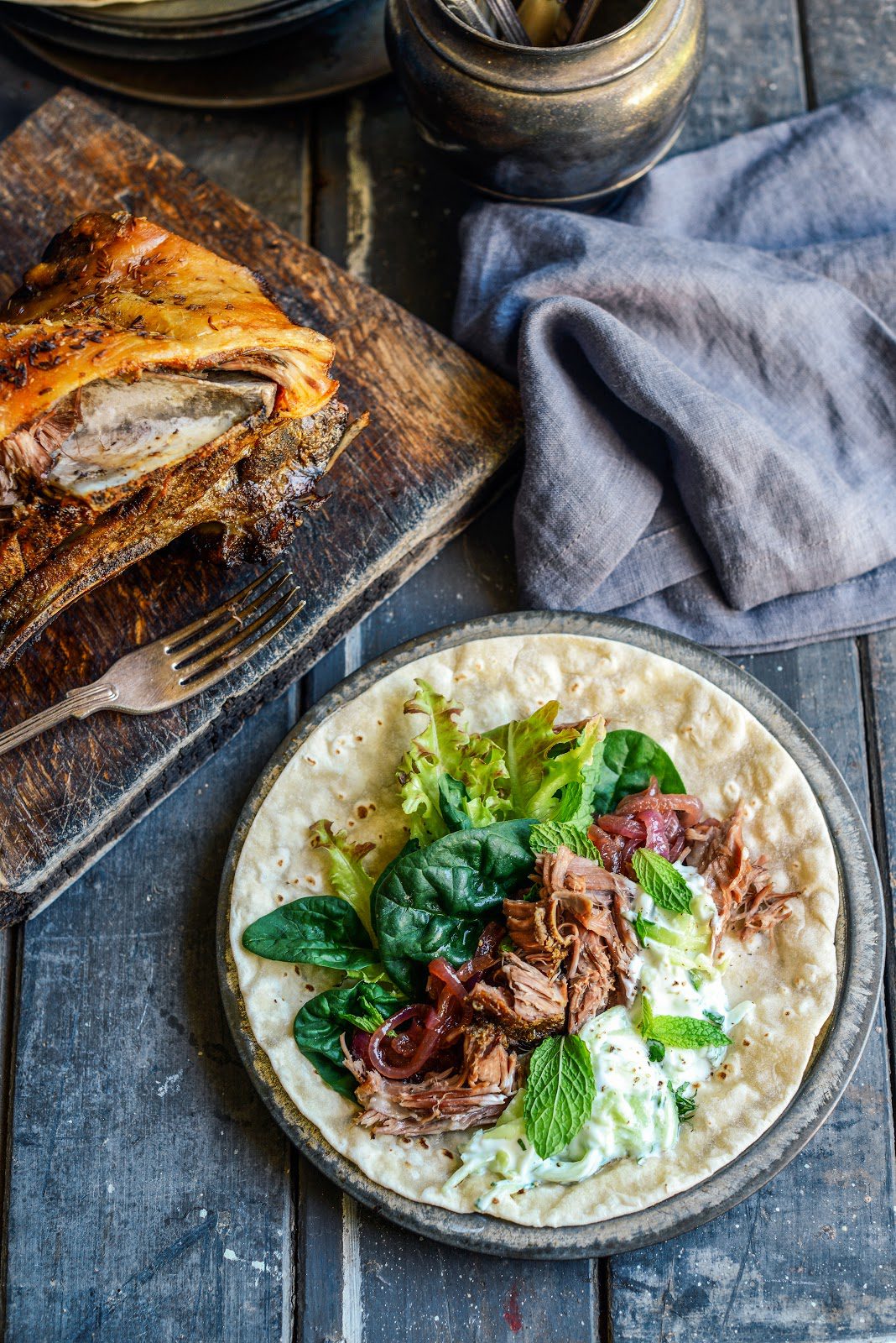slow roasted lamb shoulder on flatbreads with minty yoghurt sauce