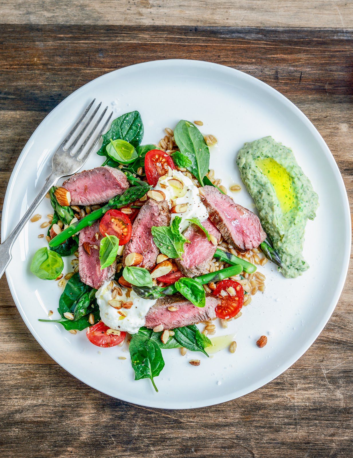 warm lamb & farro salad with herby cannellini bean hummus Stuck in
