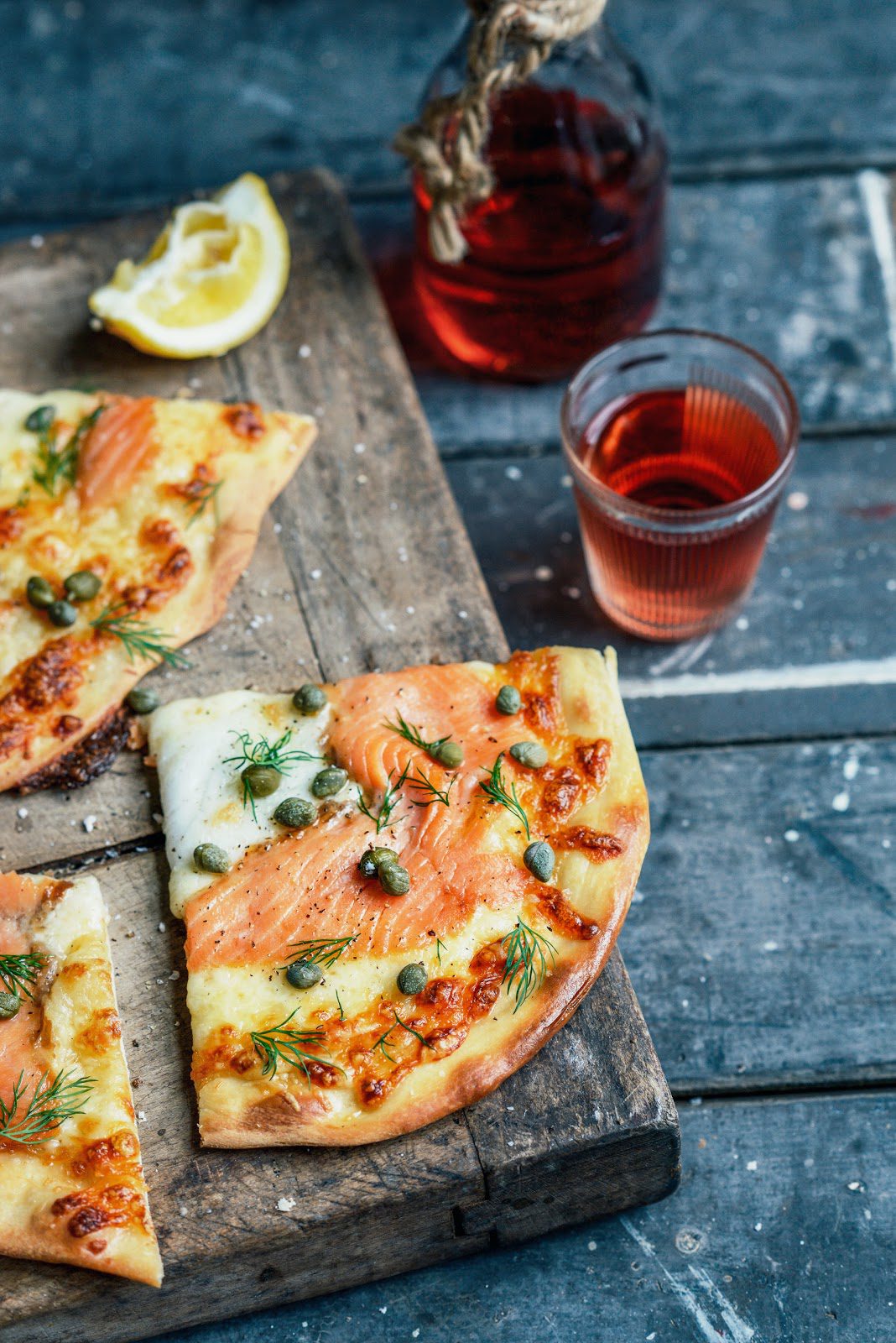 asparagus & mozzarella pizzas, smoked salmon pizzas with dill & capers