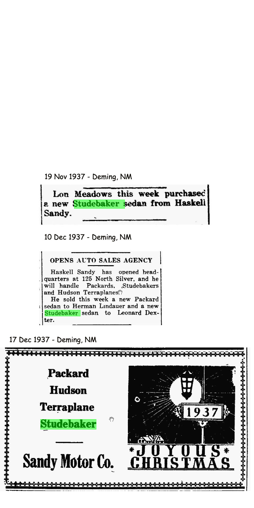 Studebaker Dealer Listing New Mexico State Page