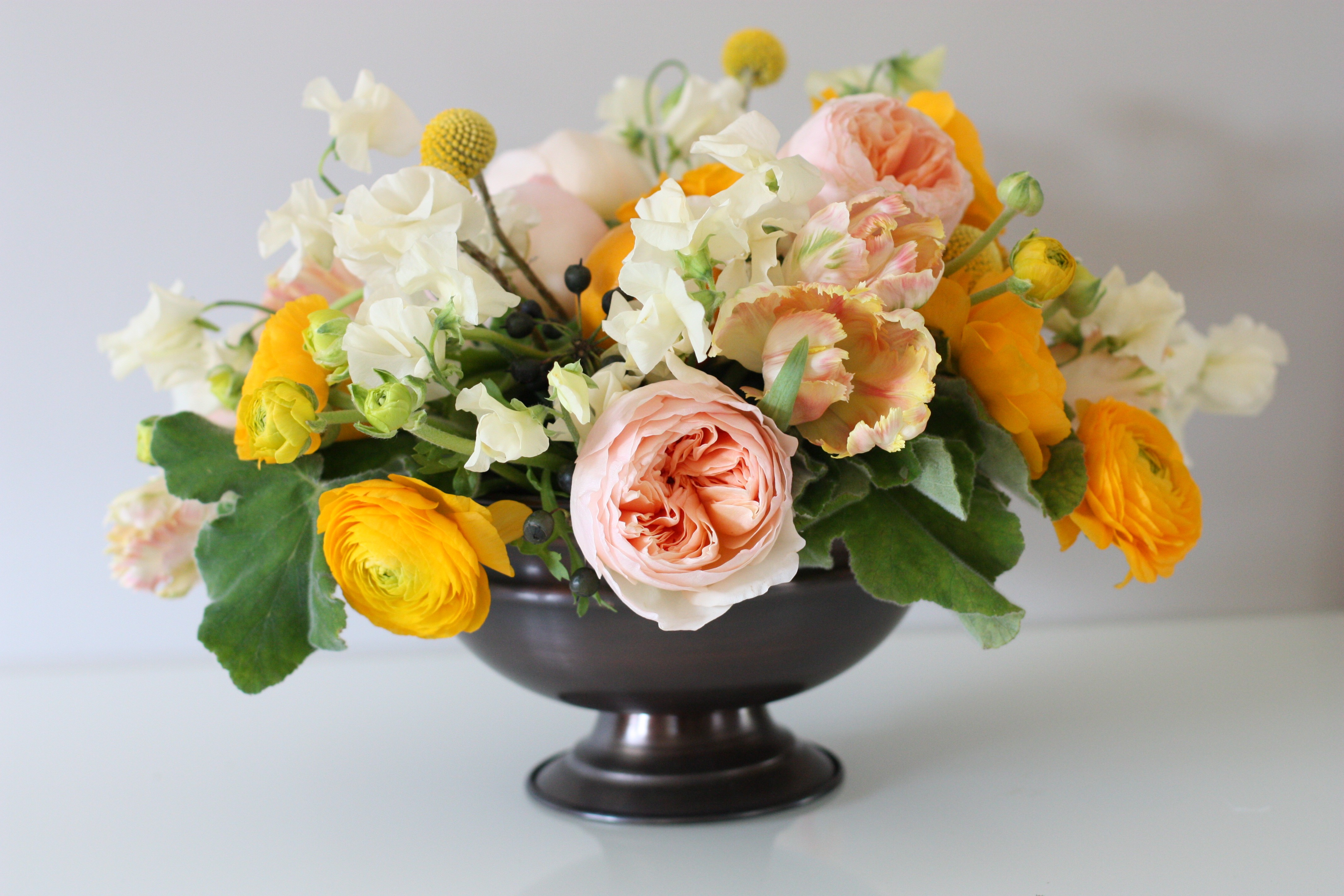 Peach and Gold Spring Centerpiece Blush Floral Design