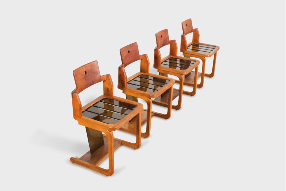 Set of Impressive French Teak Wood and Lucite Chairs Studio Cadmium