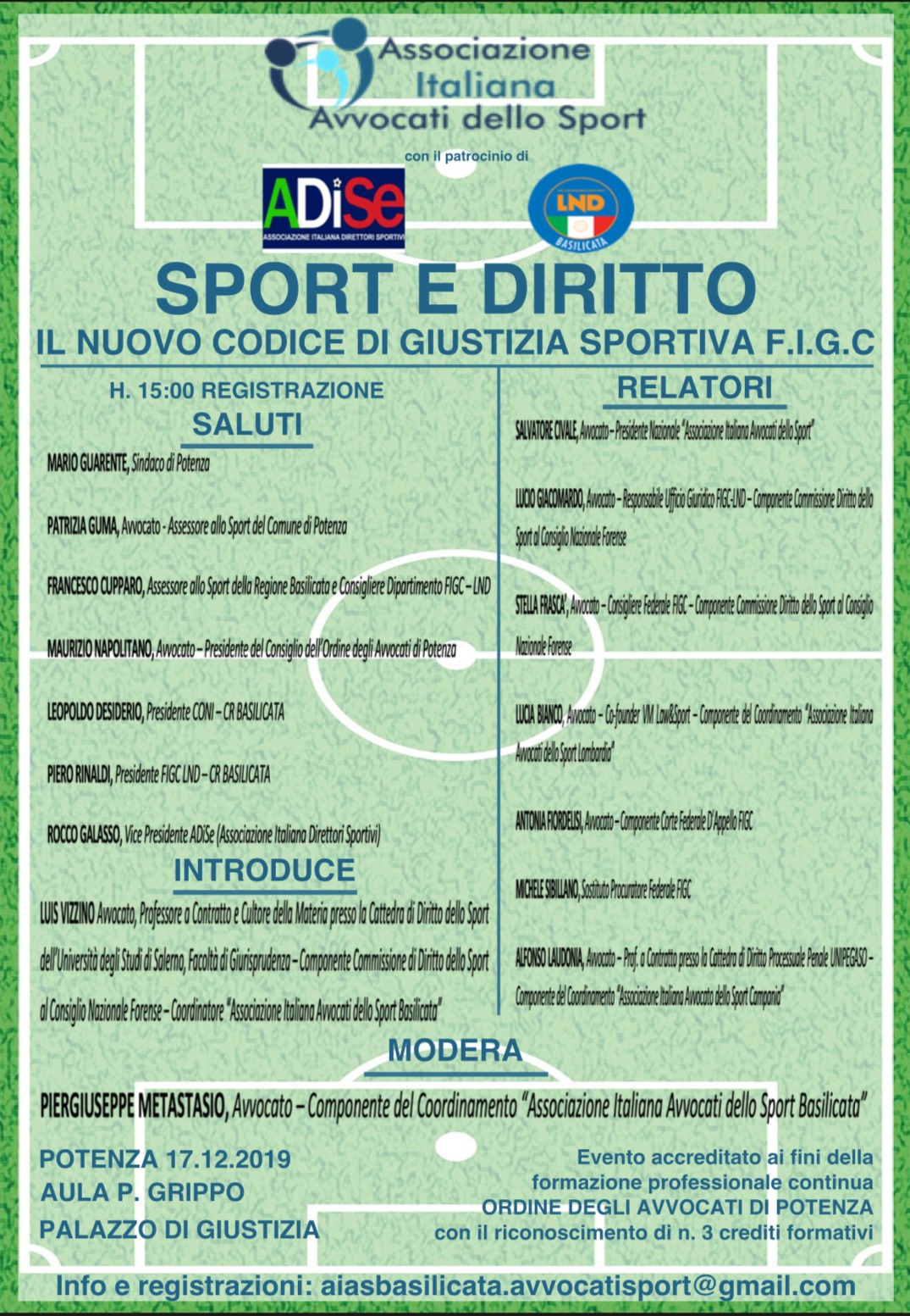 A Potenza il 17 dicembre il convegno “SPORT E DIRITTO,IL NUOVO CODICE