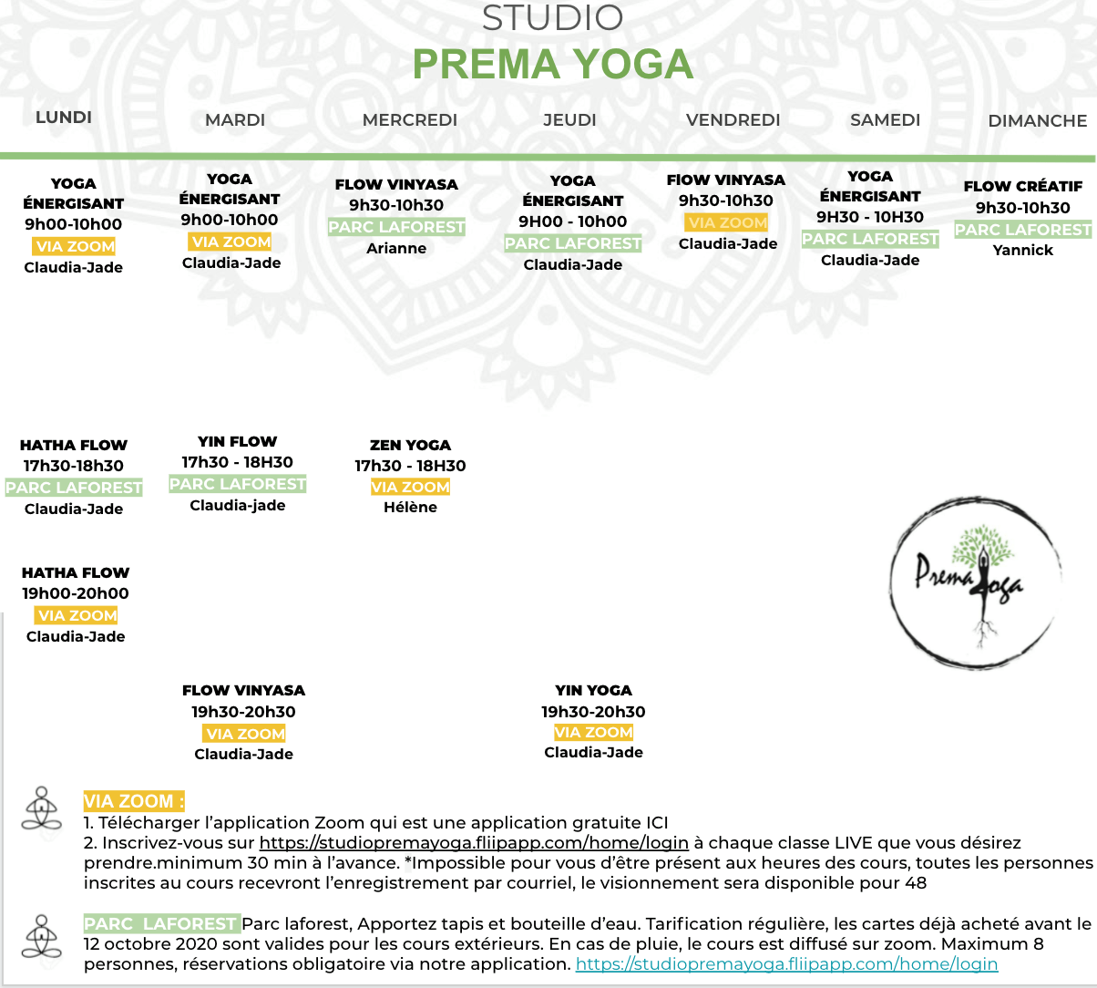 horaires et tarifs Studio Prema Yoga Repentigny
