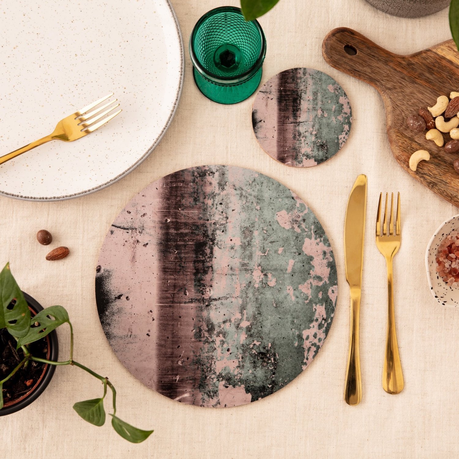 Set of Four Dusky pink and jade green, round placemats, ‘Goddess