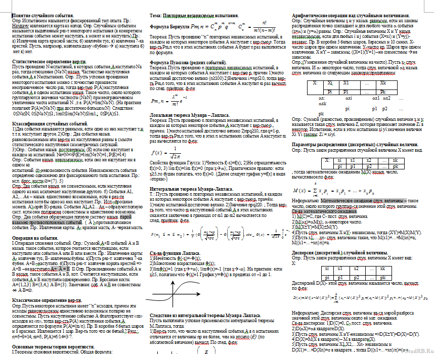 Шпаргалка Шпаргалка по теории вероятностей и математической статистике