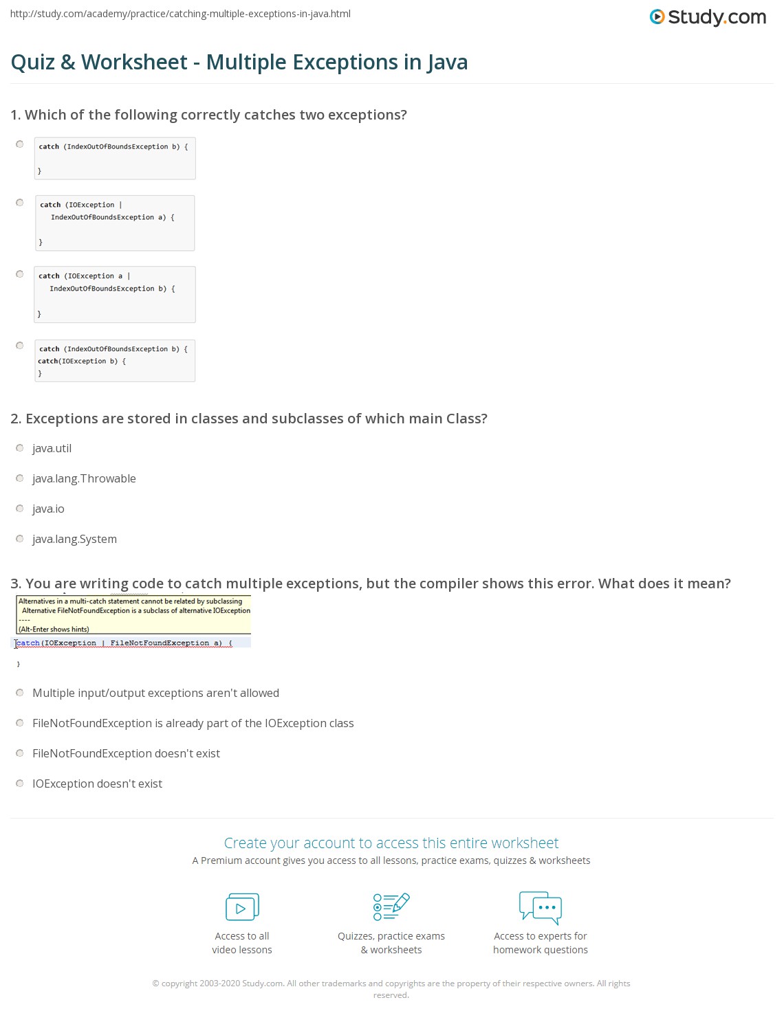 Quiz & Worksheet Multiple Exceptions in Java
