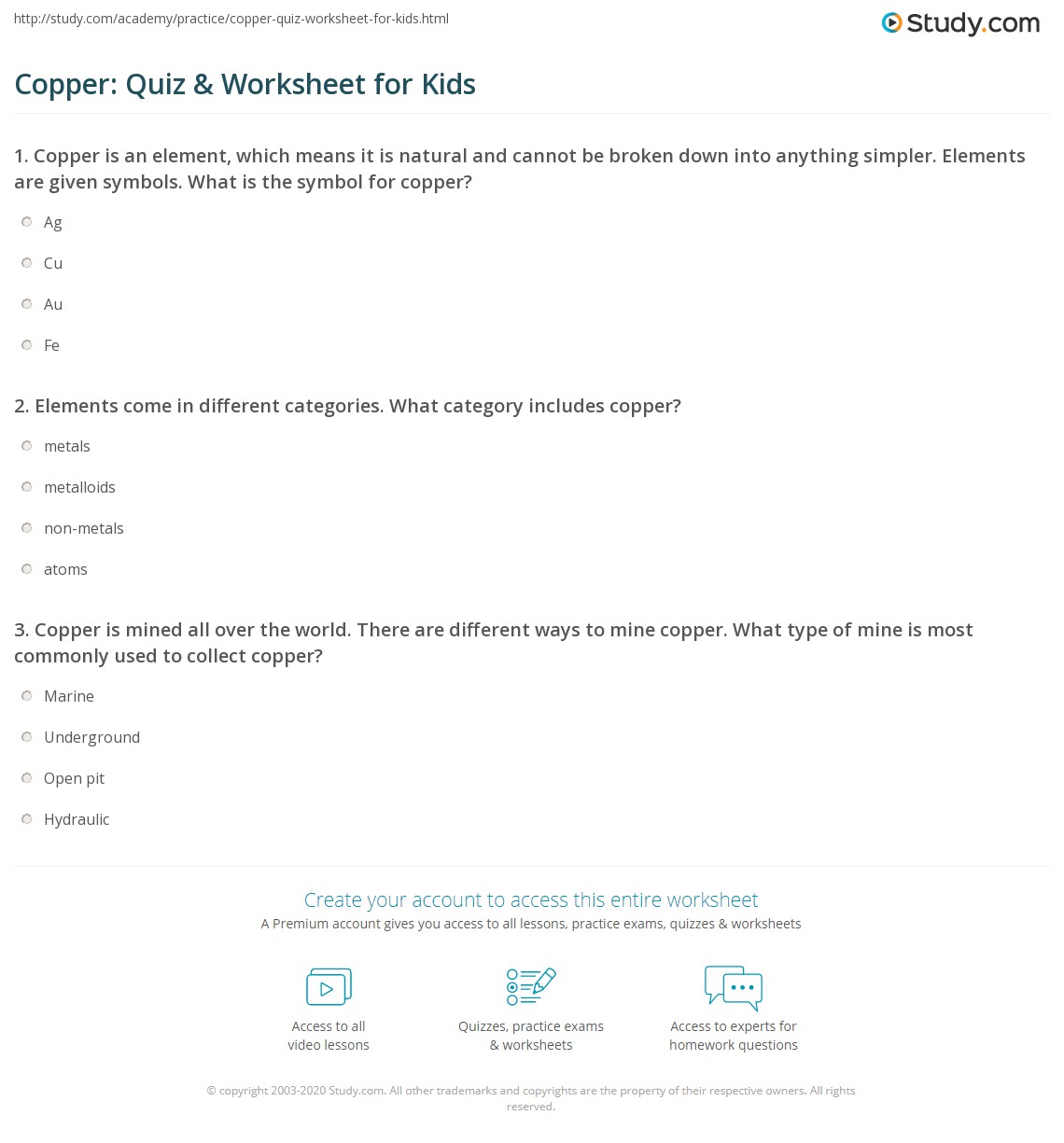 Copper Quiz & Worksheet for Kids