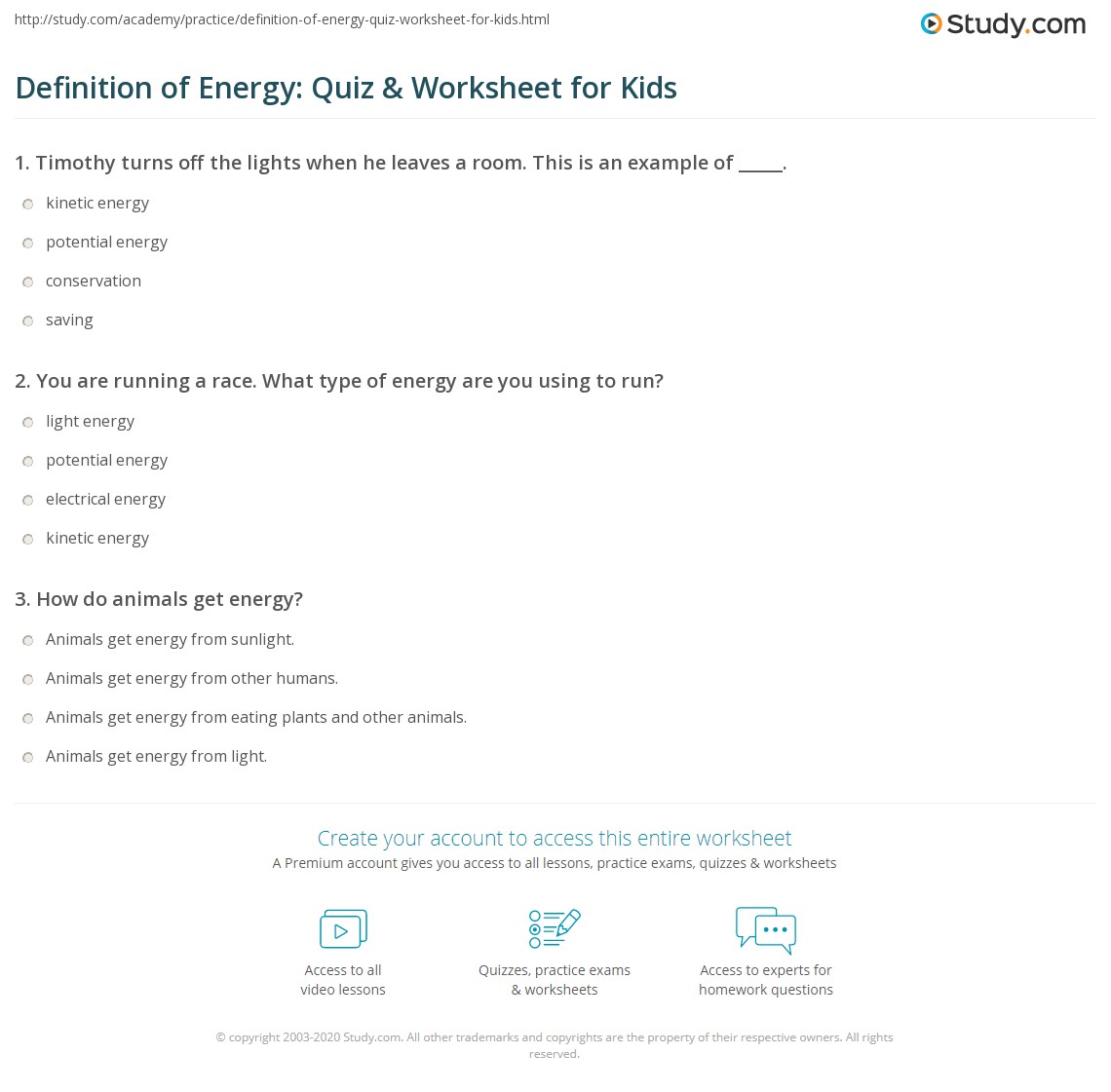 Definition of Energy Quiz & Worksheet for Kids