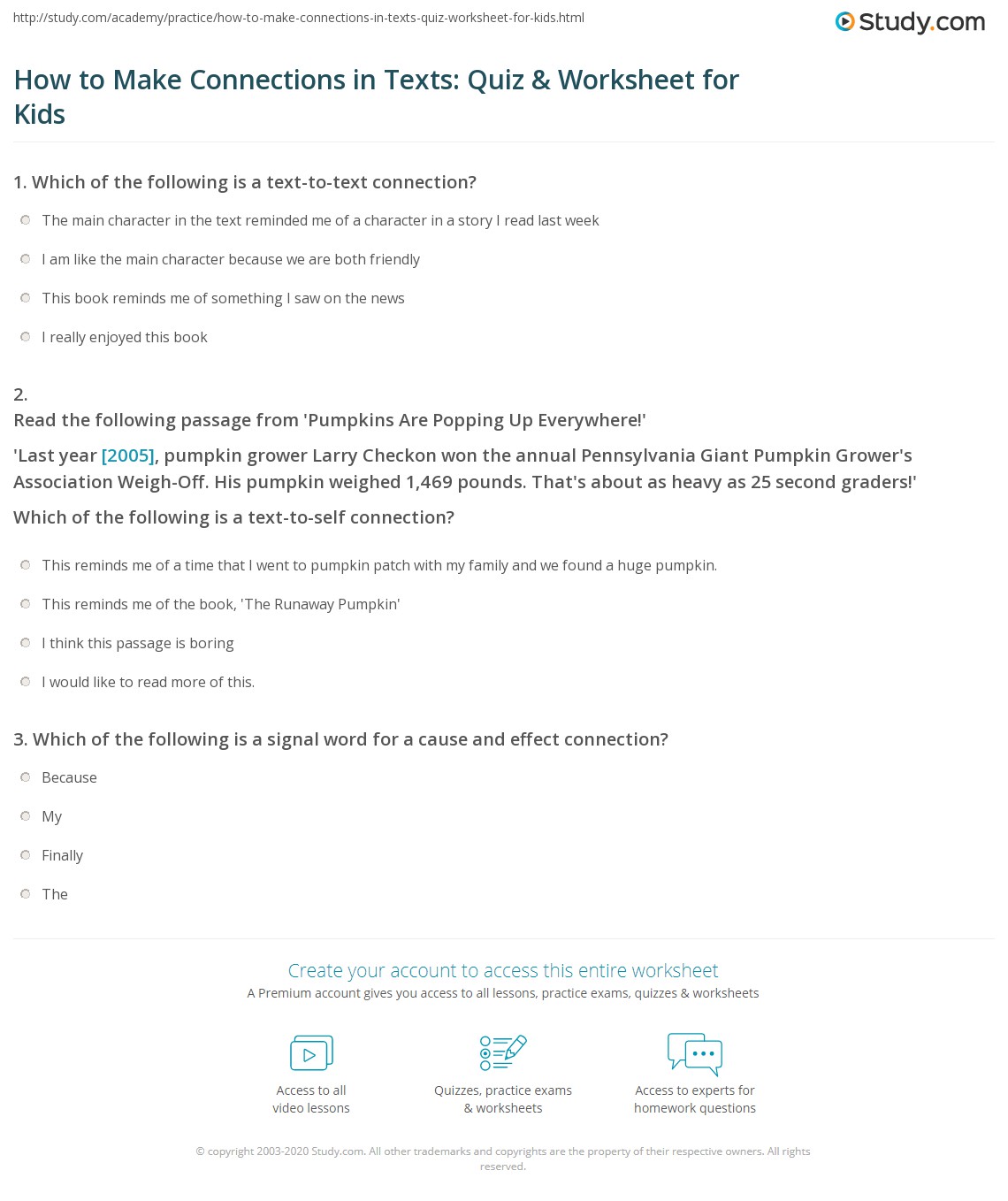 How to Make Connections in Texts Quiz & Worksheet for Kids
