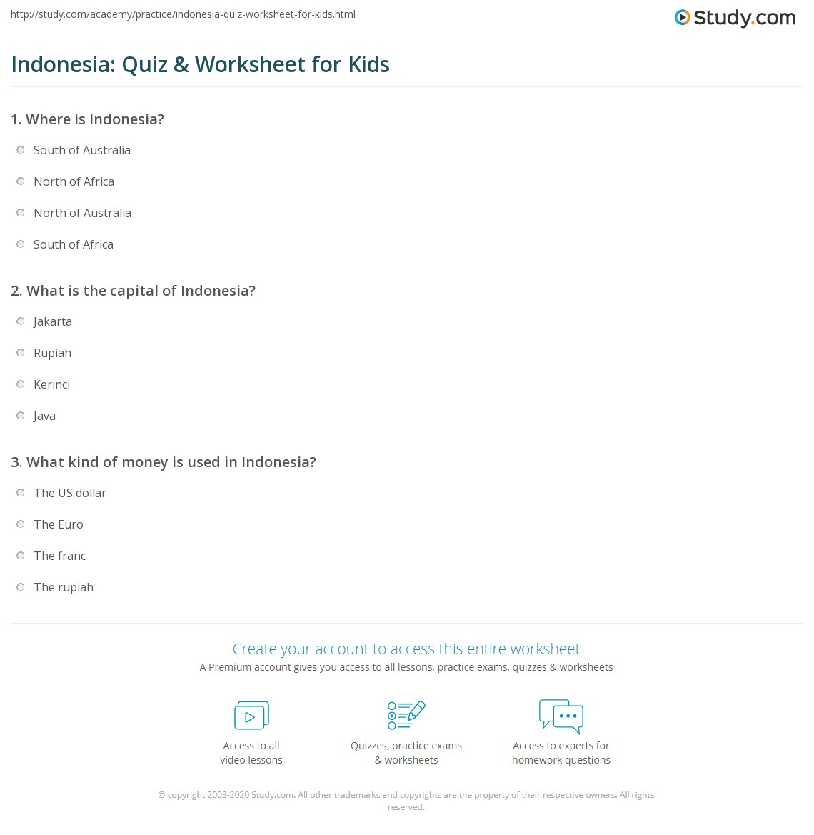 Indonesia Quiz & Worksheet for Kids