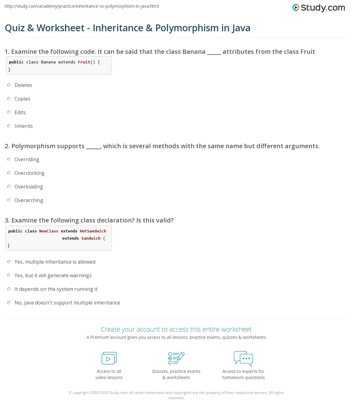 Quiz & Worksheet Inheritance & Polymorphism in Java