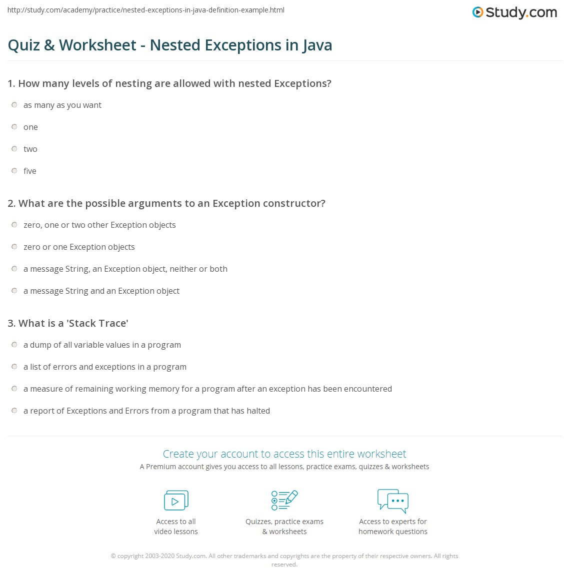 Quiz & Worksheet Nested Exceptions in Java