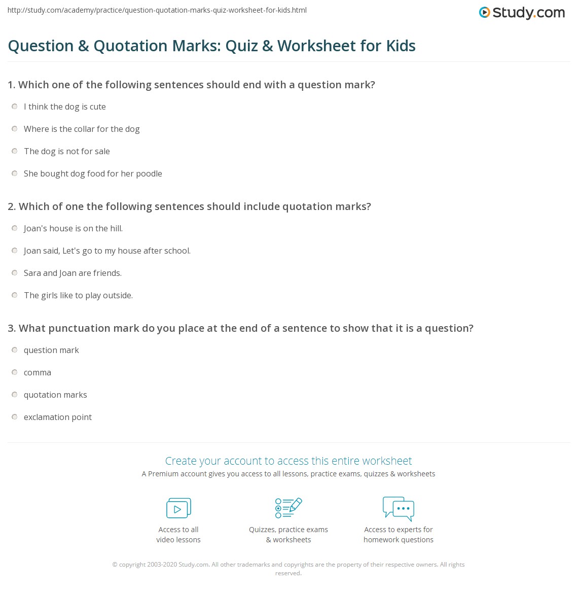 Question & Quotation Marks Quiz & Worksheet for Kids