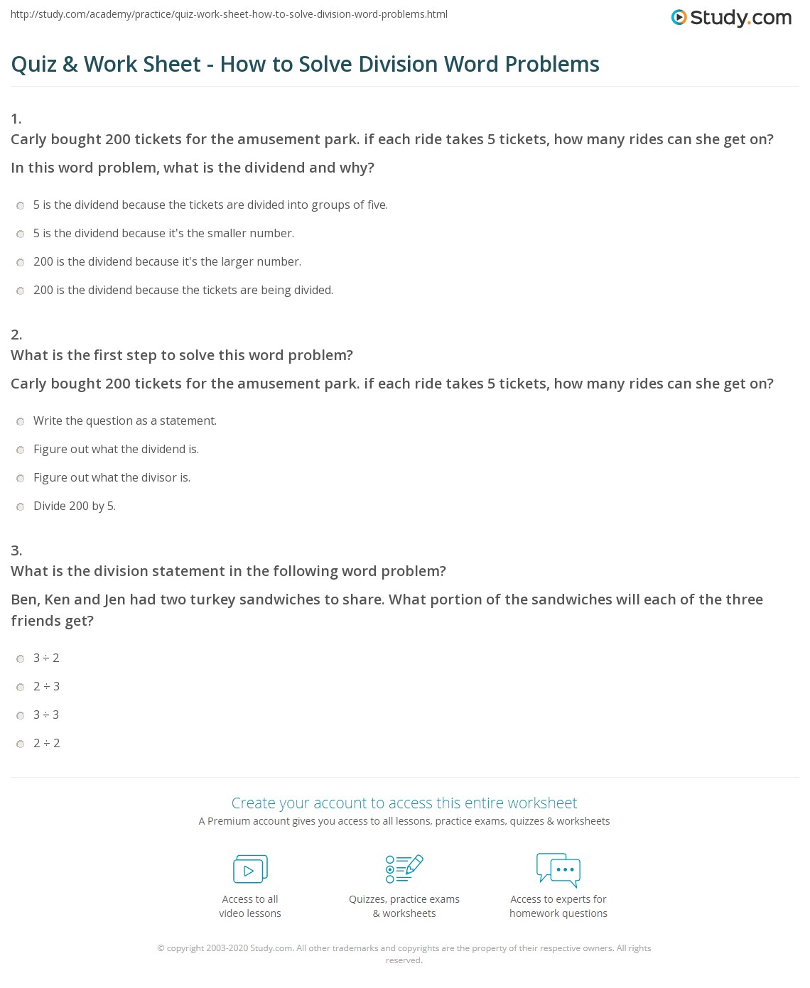 Quiz & Work Sheet How to Solve Division Word Problems