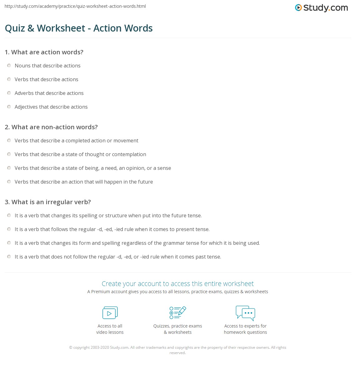 Quiz & Worksheet Action Words