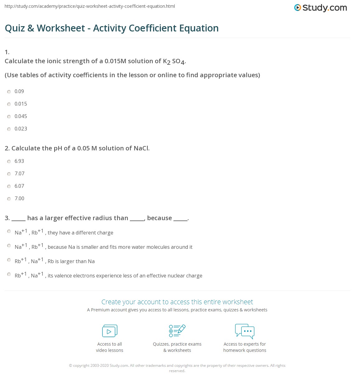 Quiz & Worksheet Activity Coefficient Equation