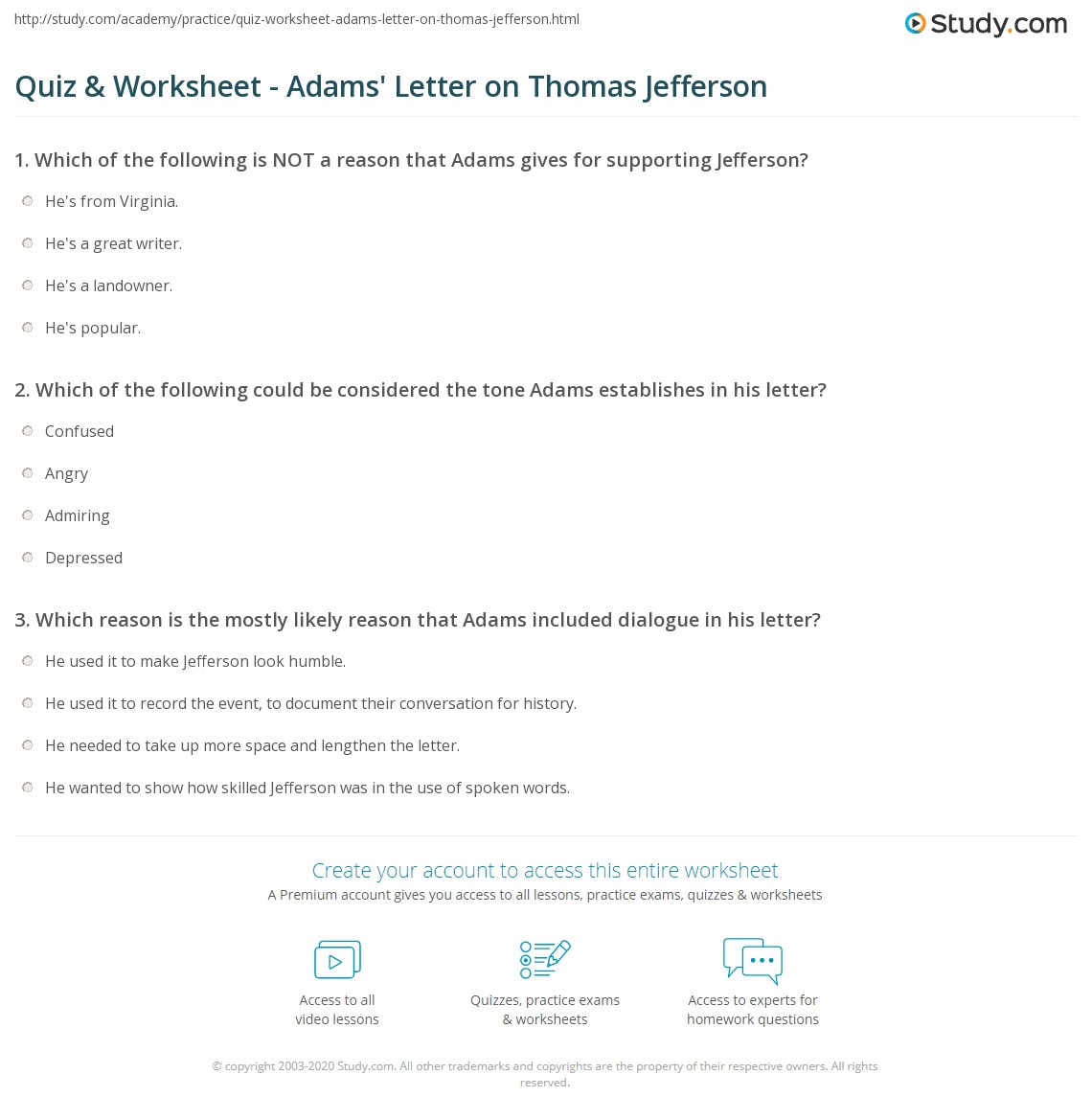 Quiz & Worksheet Adams' Letter on Thomas Jefferson