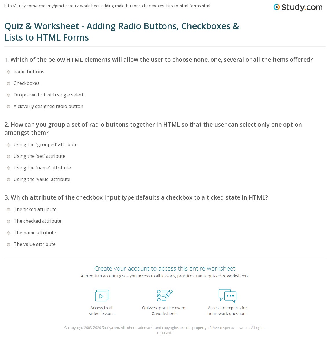 Quiz & Worksheet Adding Radio Buttons, Checkboxes & Lists to HTML