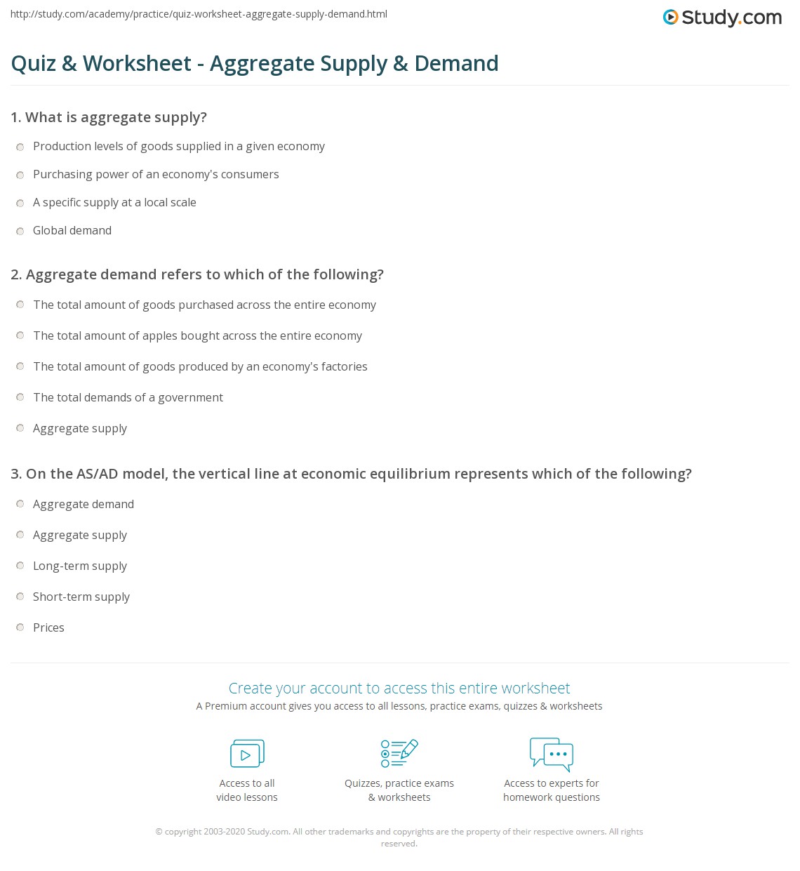 Quiz & Worksheet Aggregate Supply & Demand