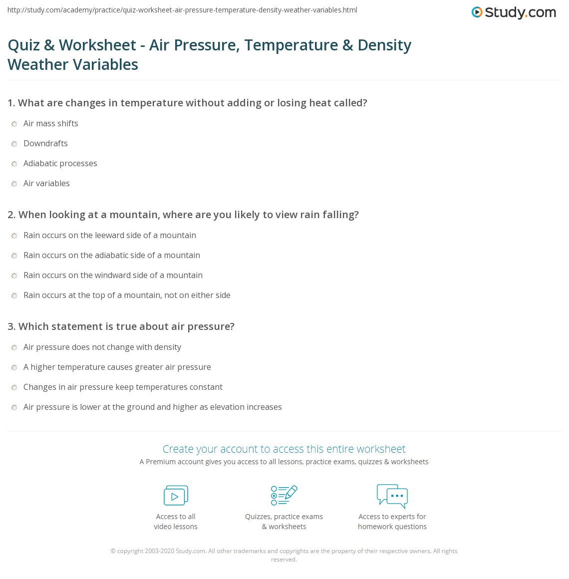 Quiz & Worksheet Air Pressure, Temperature & Density