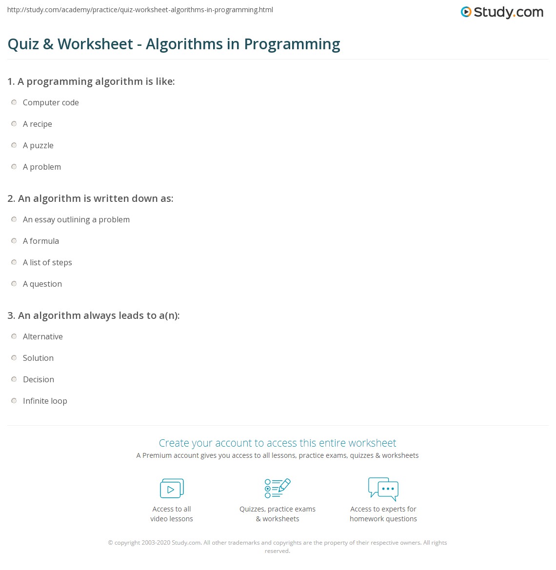 Quiz & Worksheet Algorithms in Programming