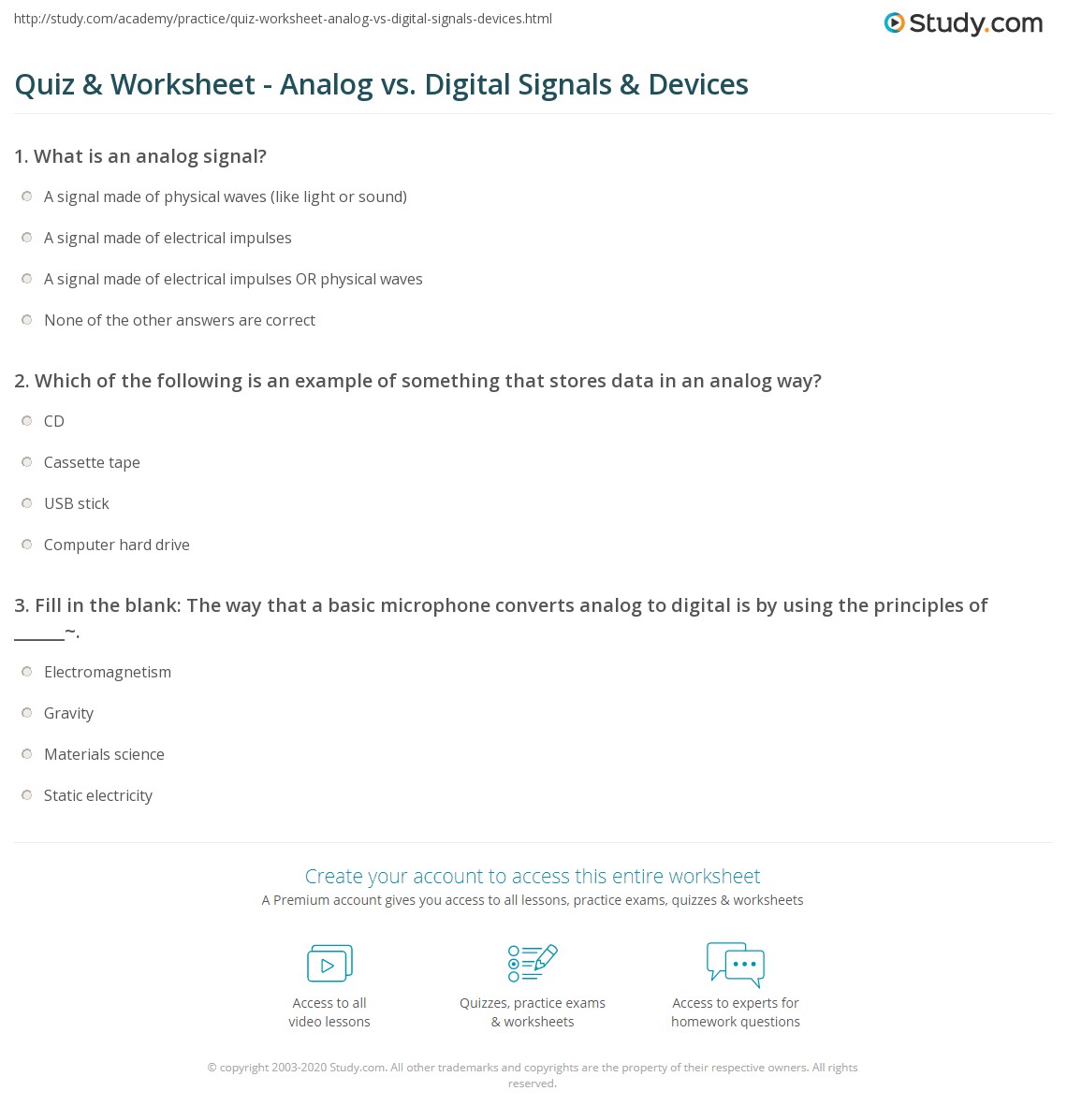 Quiz & Worksheet Analog vs. Digital Signals & Devices