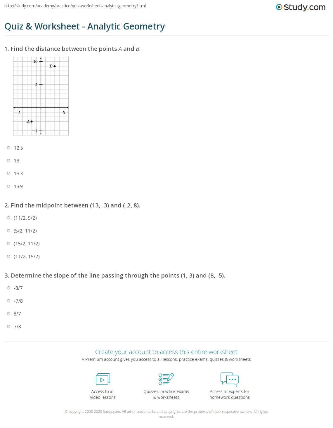 Quiz & Worksheet Analytic Geometry