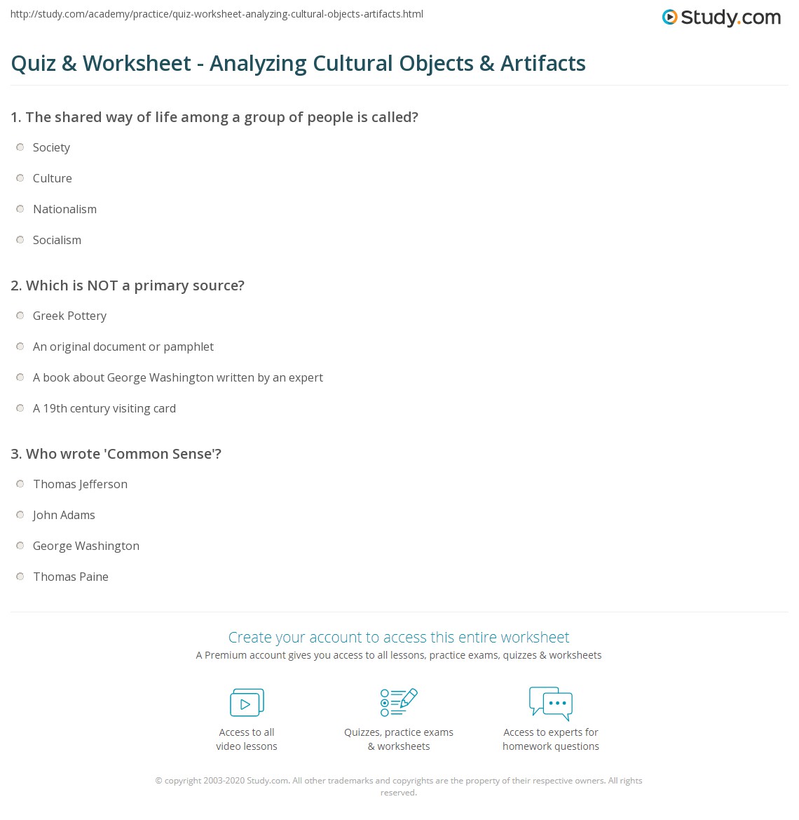 Quiz & Worksheet Analyzing Cultural Objects & Artifacts