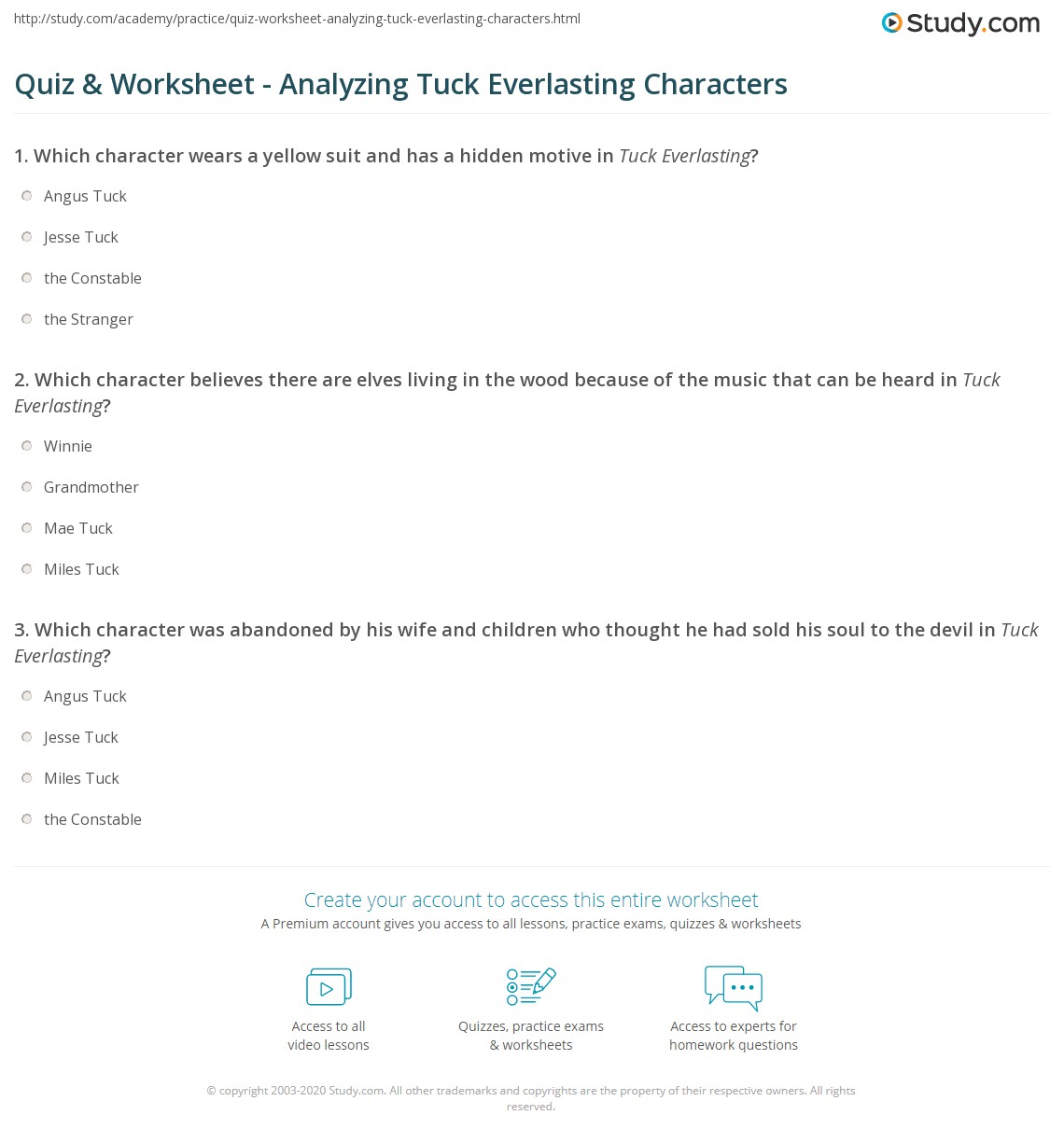 Quiz & Worksheet Analyzing Tuck Everlasting Characters