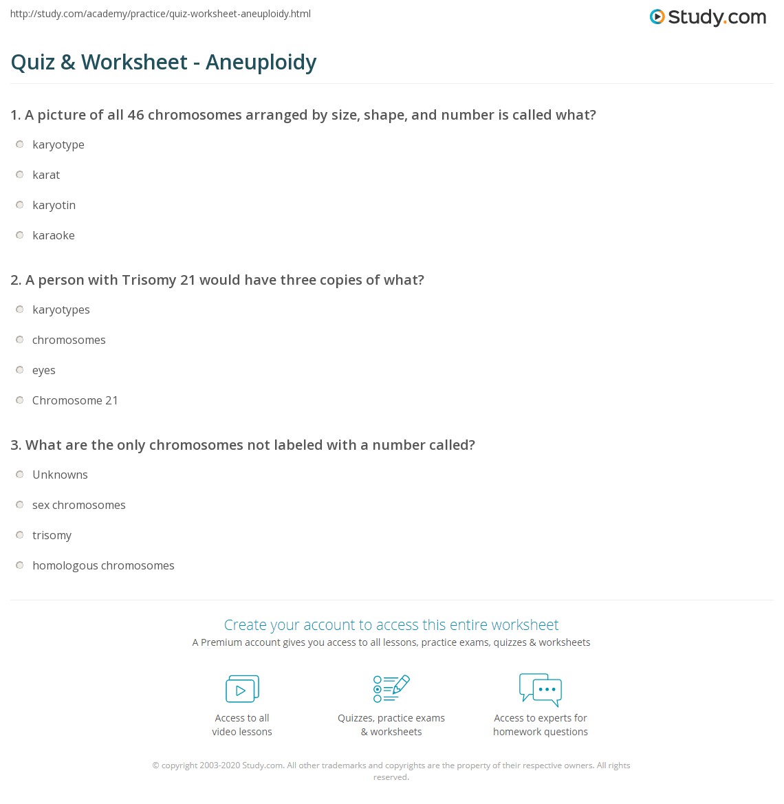 Quiz & Worksheet Aneuploidy