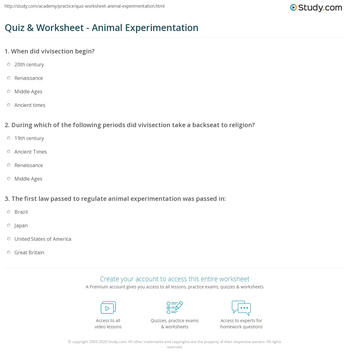Quiz & Worksheet Animal Experimentation