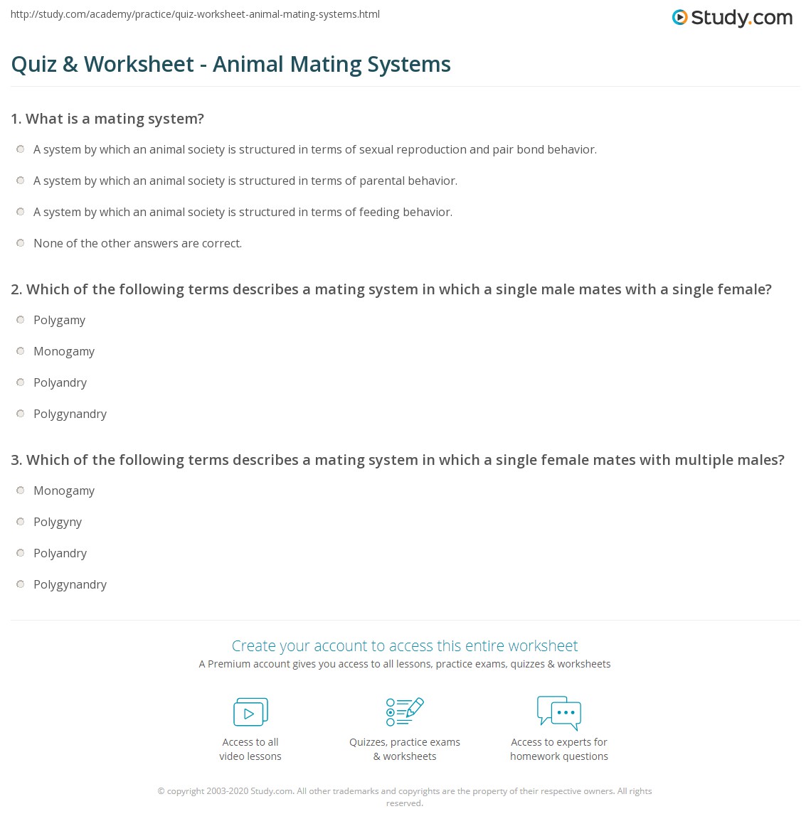 Quiz & Worksheet Animal Mating Systems