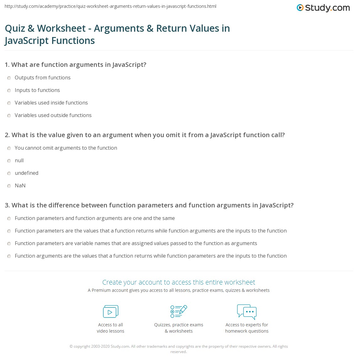Quiz & Worksheet Arguments & Return Values in JavaScript