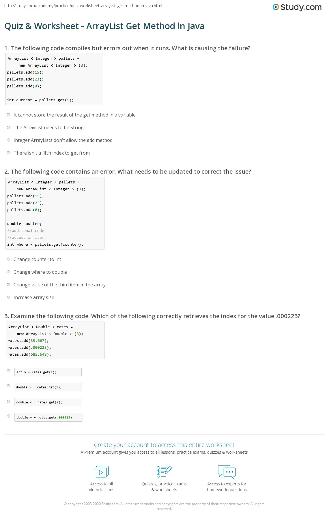 Quiz & Worksheet ArrayList Get Method in Java