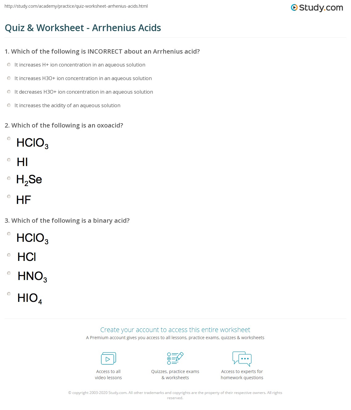 Quiz & Worksheet Arrhenius Acids