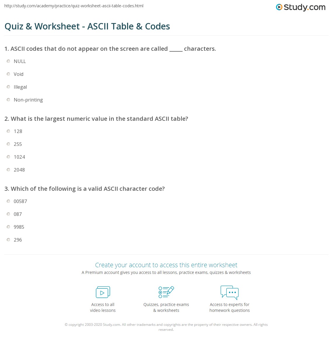 Quiz & Worksheet ASCII Table & Codes