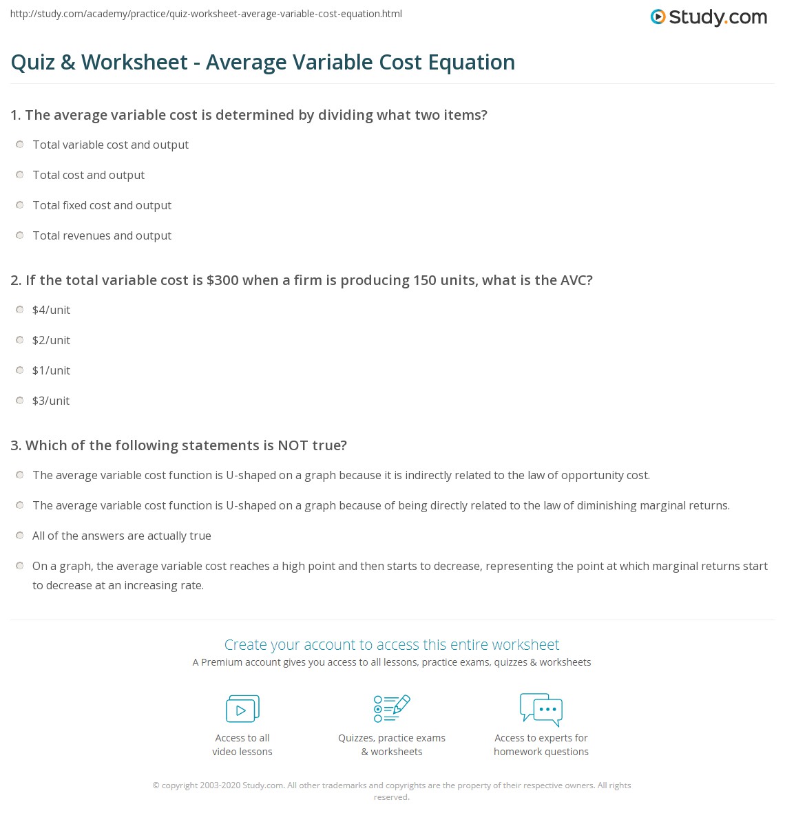 Quiz & Worksheet Average Variable Cost Equation