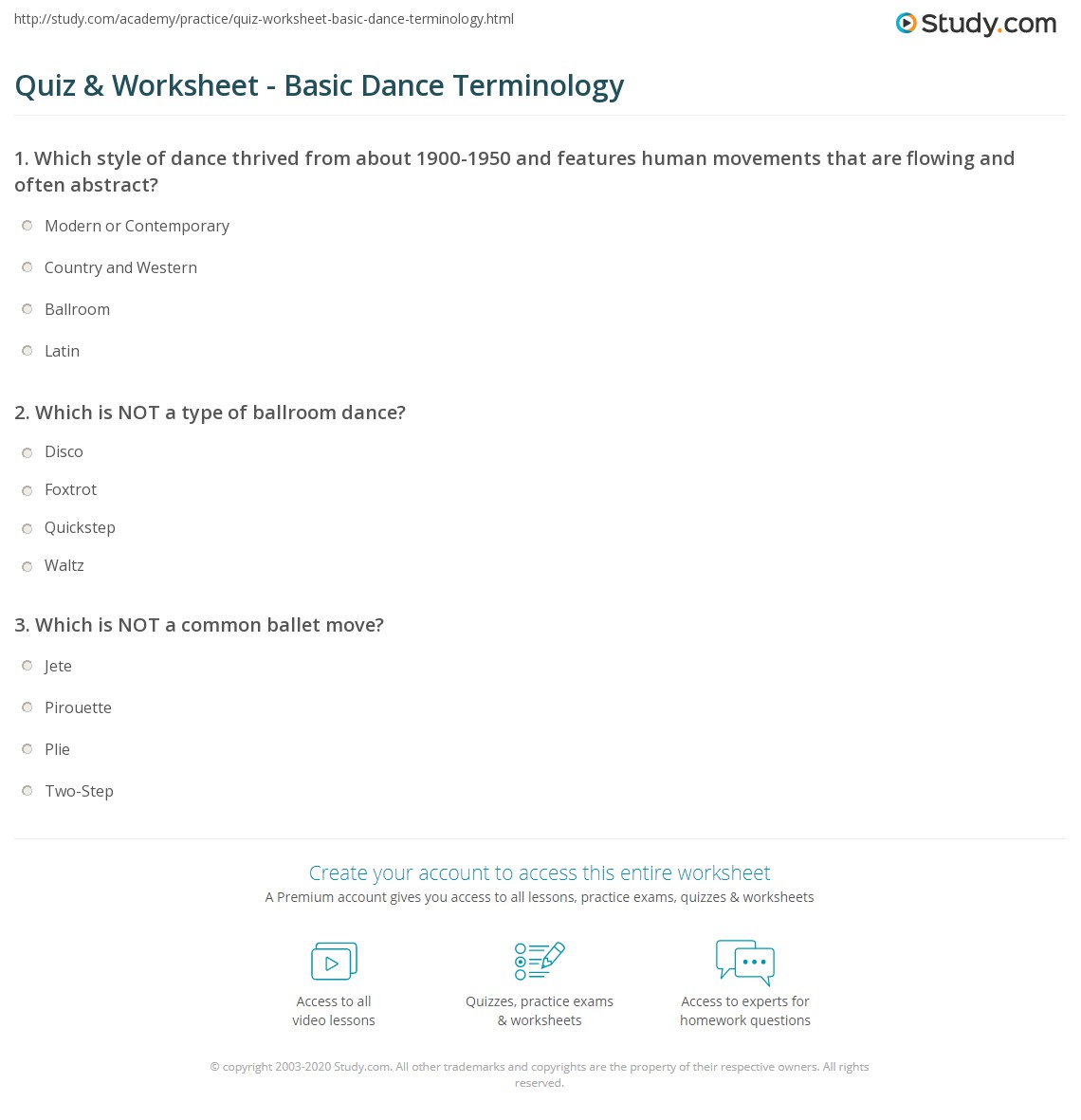 Quiz & Worksheet Basic Dance Terminology
