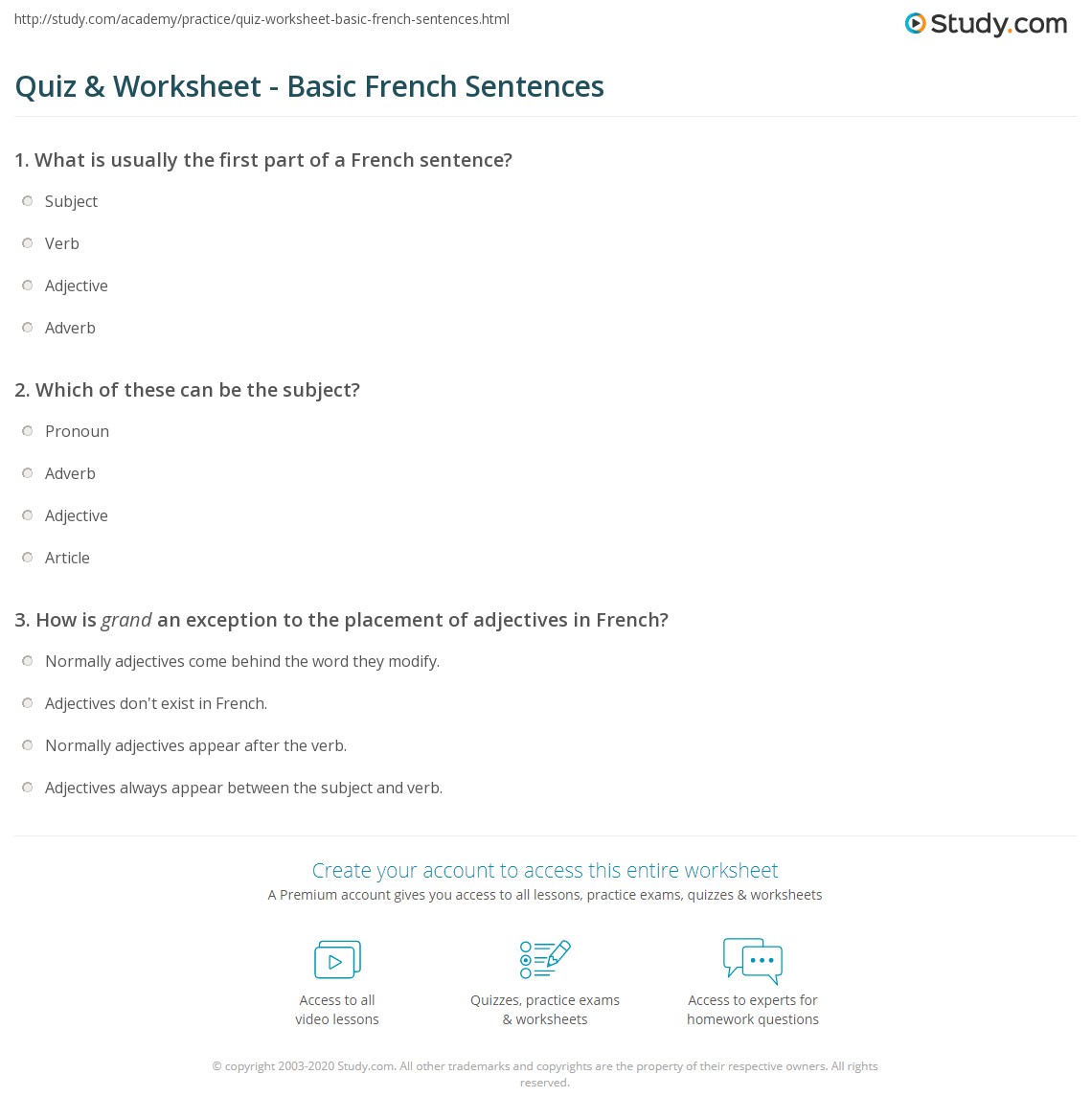 Quiz & Worksheet Basic French Sentences
