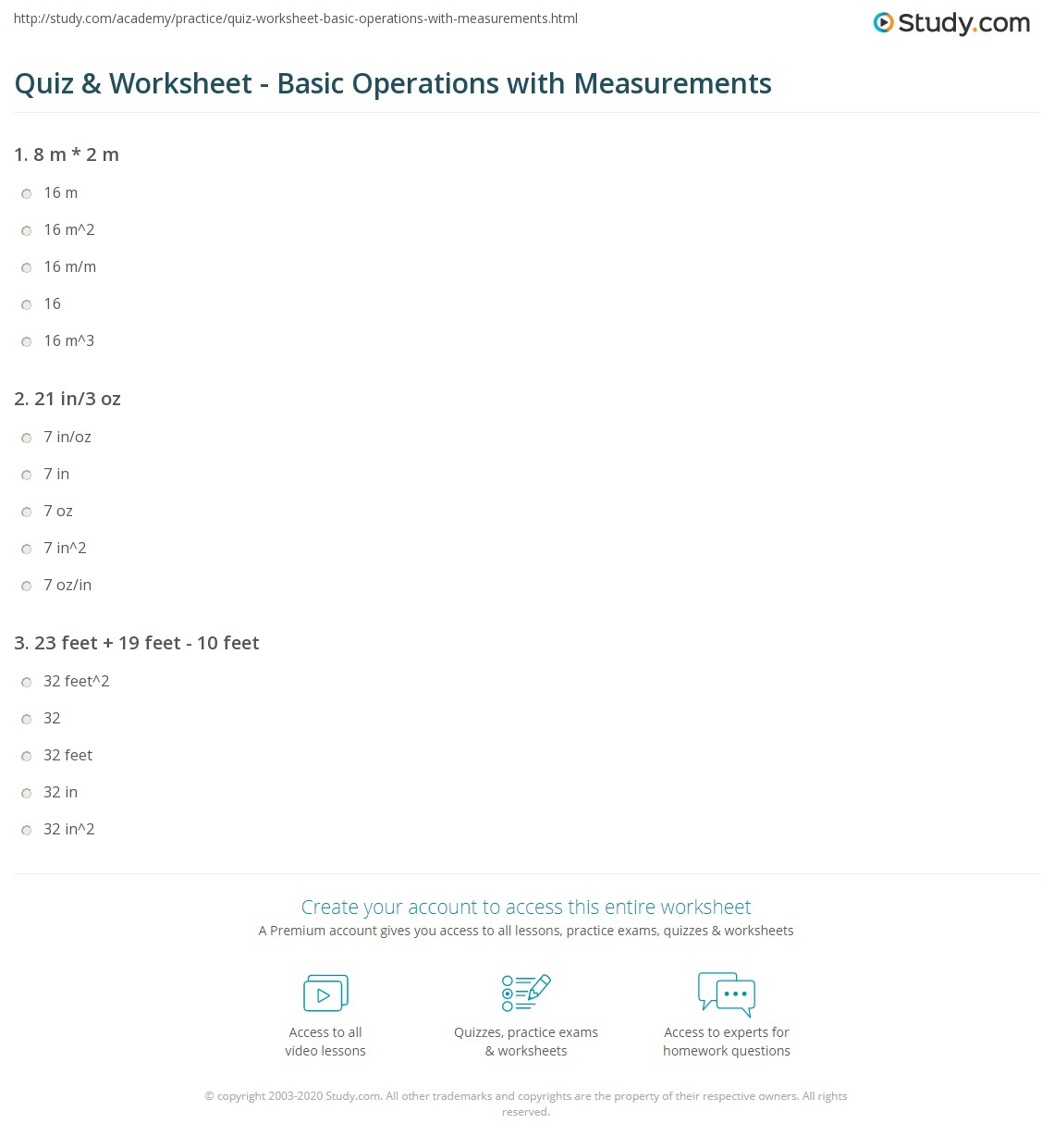 Quiz & Worksheet Basic Operations with Measurements