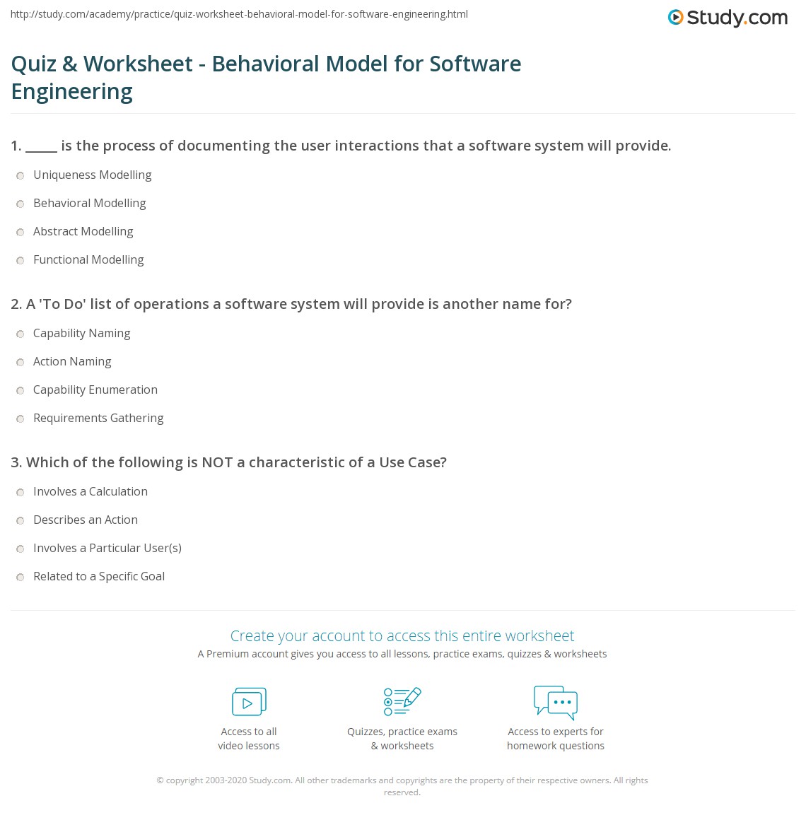 Quiz & Worksheet Behavioral Model for Software Engineering